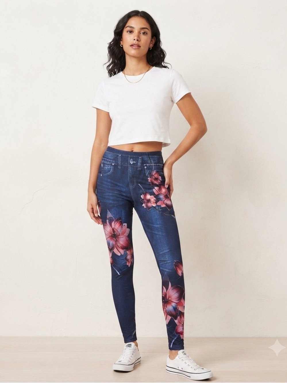 Lemite Jean Floral Leggings for Women in Denim Print